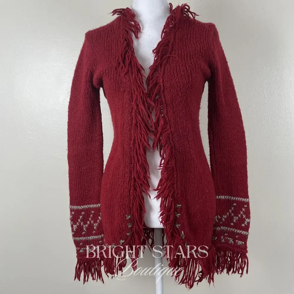 Rare Vintage Knit Cardigan Fringe ALT Red ASO Mary-Kate Olsen Ashley Olsen
